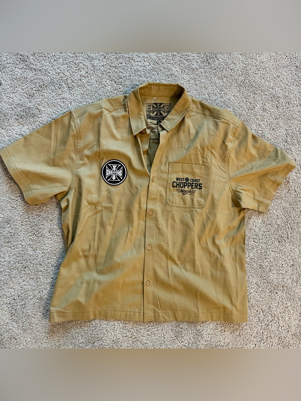 West Coast Choppers Mens L Work Shirt Button Up Tan Motorcycle Jesse James NWOT